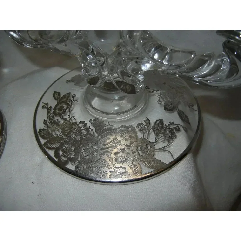 Crystal Candlestick Holder silver City Mid Century, Sterling Silver overlay